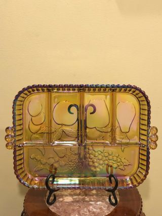 Vtg 13x9” 5 Section Iridescent Carnival Glass Snack Tray Fruit Motif