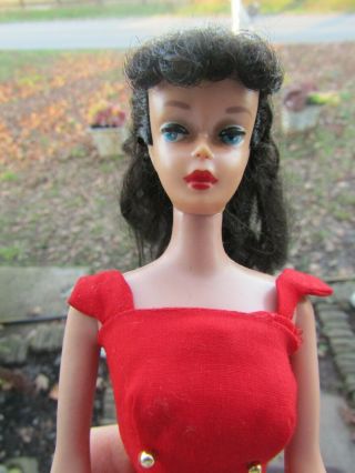 Vintage 1962 - 63 Brunette Ponytail Barbie 7 Red Sheath Dress 2 Stands Great Con