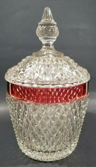 Vintage Indiana Glass Ice Bucket With Ruby Red Stripe And Lid 1960s