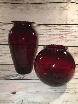 Set Of 2 Vintage Ruby Red Glass Vases,  9 " Tall And Roly Poly Vase 5” Tall,  A,