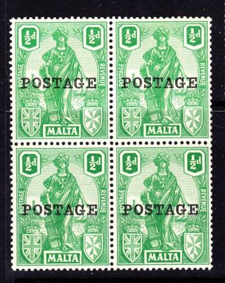 Malta 1926 Kgv Sg144 1/2d Green Postage Ovpt Unmounted Block Of Four