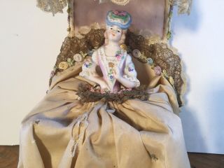 Antique French Half Doll Lamp Silk,  Tambour Lace,  Ribbon Roses,  Metallic Lace Trim