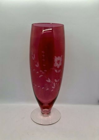 10” Ruby Red Cut To Clear Bohemian Flowers Decorated Glass Vase