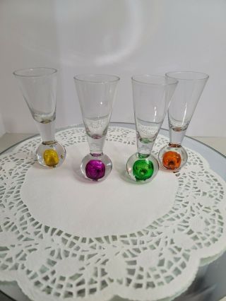 Set Of 4 Hand Blown Glass Bubble Ball Bottom 5.  5 " Tall Shot Glasses