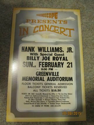Hank Williams Jr Billy Joe Royal 1988 Greenville,  Sc Concert Poster Window Card