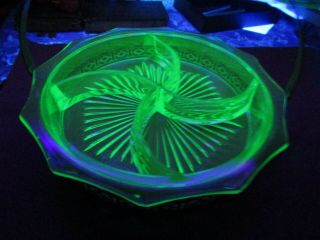 Uranium Green Depression Glass Divided Candy Nut Dish With Metal Caddy