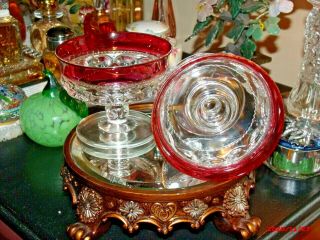 Vtg.  Tiffin Kings Crown Thumbprint Indiana Ruby Red Flash Candle Holder Set Of 2