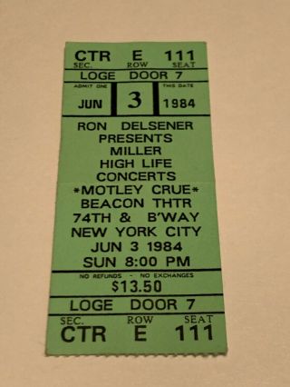 Rare Motley Crue Concert Ticket 6/3/1984 Beacon Theater Nyc