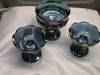 Indiana Blue Carnival Glass Candy Dish Candle Stick Holders