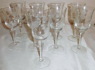 Set Of 9 Vintage Elegantly Etched Fine Crystal 6oz Wine Glasses 7.  5 " T