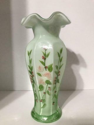 Vintage Fenton Green Glass Ruffled Vase Handpainted Floral Design Cased
