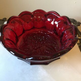 Vintage Fenton Red Bowl,  Grape Design Glass Bowl Scalloped Rim Christmas