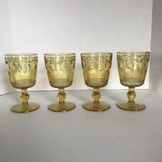 4 Vintage Indiana Glass Amber Yellow Stemmed Water Goblets Ribbed Thumbprint