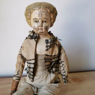 Antique German Doll Paper Mache Head Cloth Body Grenier? 18 " Stuffed Body Tlc