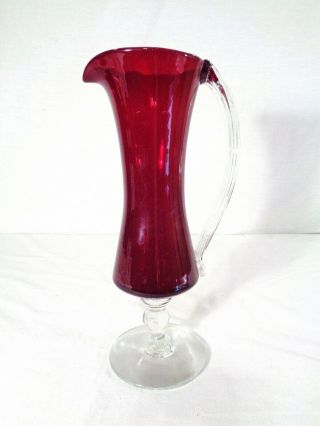 Vintage 12 1/2 " Hand Blown Ruby Red Art Glass Pitcher