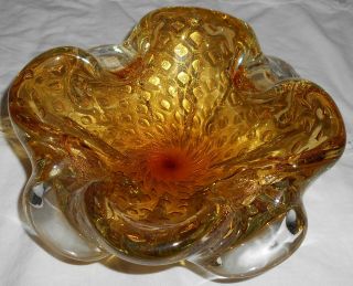 Vtg Murano Italy Art Glass Gold Fleck Controlled Bubbles Candy Dish