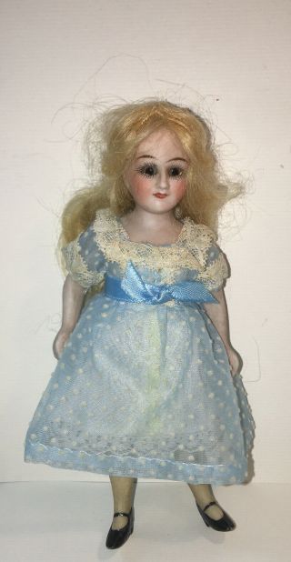 Antique Bisque Miniature 5 1/2” Fully Jointed Doll 444 12 Glass Eyes Near.