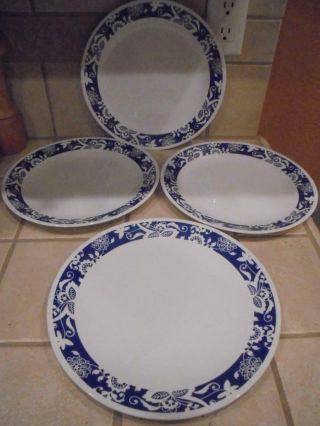 4 Corelle True Blue White W/ Blue Floral Band Dinner Plates 10 1/2 Inches Euc