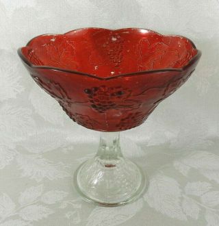 Vintage Indiana Glass Pedestal Bowl Clear Red Coated Bowl 8.  5 " Grape Leaf