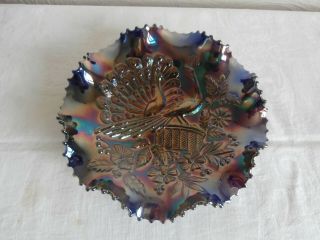 Carnival Glass Bowl: Peacocks On A Fence By Northwood - Blue Colour
