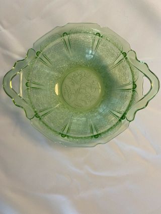Vintage Jeanette Cherry Blossom Green Depression Glass Handled 11” Serving Bowl
