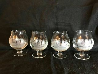 4 Toscany Brandy / Cognac Crystal Snifter Glasses Etched Nautical Clipper Ship