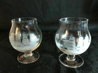 4 Toscany Brandy / Cognac Crystal Snifter Glasses Etched Nautical Clipper Ship 2