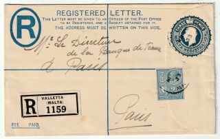 1933 Malta 3d Postal Stationery Registered Env Uprated To Paris France Size G