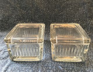 Set (2) Vintage Clear Glass Covered Refrigerator Dishes 3 - 1/2” By 3”