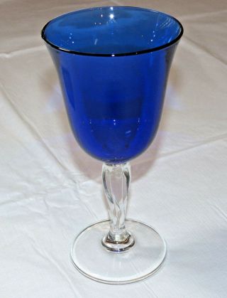 Cobalt Blue Clear Stem Wine Glass 7 5/8 " Tall Stemmed Water Goblet Handblown