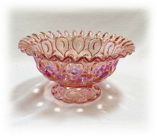 L.  E.  Smith Glass Moon & Stars Carnival Pink Iridescent Crimped Rim Footed Bowl