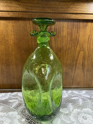 Vintage 1950’s Blenko Pinched Green Crackle Glass Decanter With Stopper