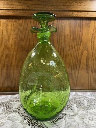 VINTAGE 1950’s BLENKO PINCHED GREEN CRACKLE GLASS DECANTER WITH STOPPER 2