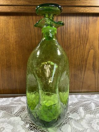 VINTAGE 1950’s BLENKO PINCHED GREEN CRACKLE GLASS DECANTER WITH STOPPER 3