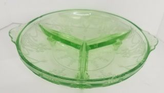 Vintage Green Vaseline Depression Glass (3) Section Divided Bowl Uranium 8 " Nuts