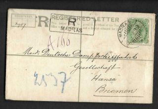 India,  Qv 1899 Registered Cover To Germany,  Sea Post Cancel.