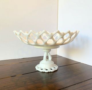 Large Vintage Open/lace Edge Milk Glass Pedestal Centerpiece Fruit Bowl 12 "