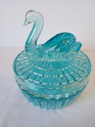 Vintage Jeannette Blue Glass Swan Covered Candy Dish Trinket Bowl Box