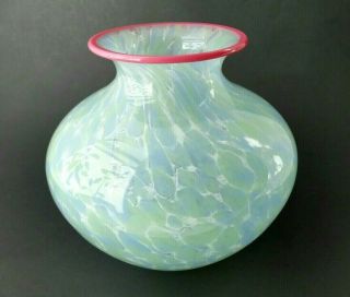 Vtg Blue Green Pink Confetti Hand Blown Vase Art Glass 6 "