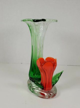 Hand Blown Glass Double Flower Vase,  Green Flower With Orange/red Tulip