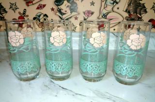 Set Of 4 Vintage Pink And Green Floral 16 Oz.  Tumblers Drinking Glasses