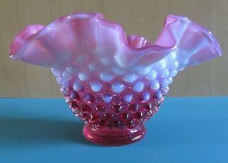 Vintage Fenton Pink Cranberry Opalescent Hobnail Candy Dish Ruffled Rim