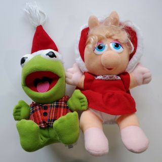 Christmas Muppet Babies Miss Piggy & Kermit Plush Stuffed Animals Vintage 1987