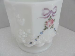 Westmoreland Candy Dish Milk Glass Paneled Grape Roses & Bows Footed Pink Purple