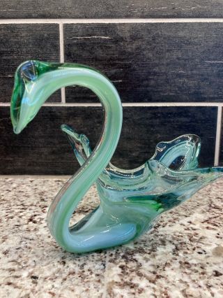 Vtg White & Green Swirl Murano Style Hand Blown Art Glass Swan Bowl Dish
