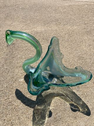 Vtg White & Green Swirl Murano Style Hand Blown Art Glass Swan Bowl Dish 2