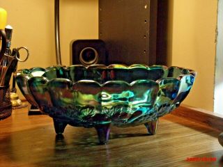 Vintage Iridescent Blue Indiana Carnival Glass Footed Oval Harvest Fruit Bowl