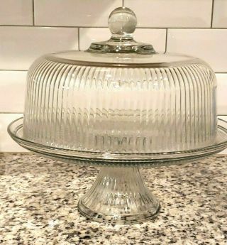 Vtg Clear Glass Cake Plate Stand On Pedestal 12 " With Heavy Dome Etching Cut