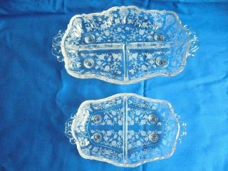 Vintage Large And Small Cambridge Rose Point Etched Glass Divided Relish Dishes
