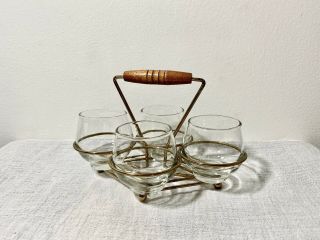 Vintage Mid - Century Libbey 4pc Clear Glass Condiment Set With Gold Caddy